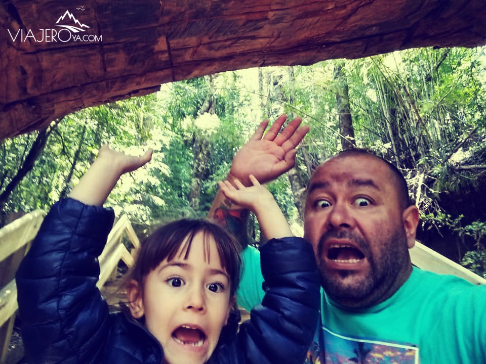 Sara y Edu con cara de asustados haciendo que un tronco se les cae en la cabeza Sara y Edu con cara de asustados haciendo que un tronco se les cae en la cabeza